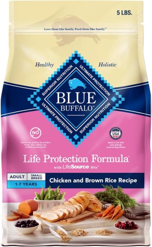 blue buffalo life protection formula adult small breed dry dog food, supports high energy needs, made with natural ingredients, chicken & brown rice recipe, 5 lb. bag