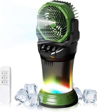 Daonlc Portable Misting Fan Portable misting fan with remote control and a 30,000mAh rechargeable battery, ideal for outdoor patios, camping, beaches, and workshops. This versatile fan is suitable for both indoor and outdoor use, featuring a 2L built-in water tank, RGB lighting, four adjustable speeds, and a misting spray function. #1 in Best Cordless Misting Fans!